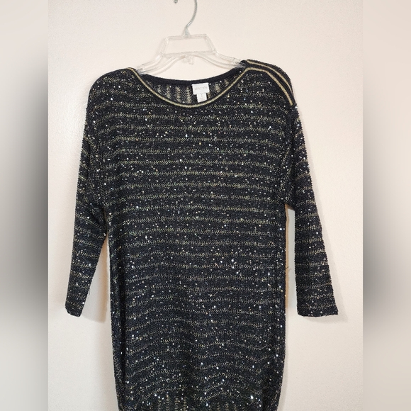 Women's Chicos Black Gold Silver SequenceStripe High Low Blouse Size One - Picture 4 of 9